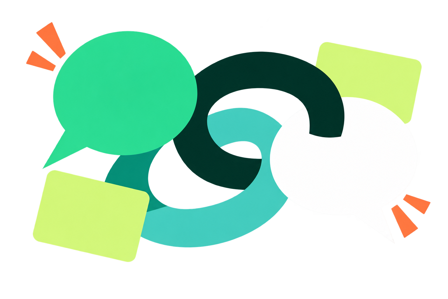 Interlocking speech shapes and paper cards representing exchange across the network