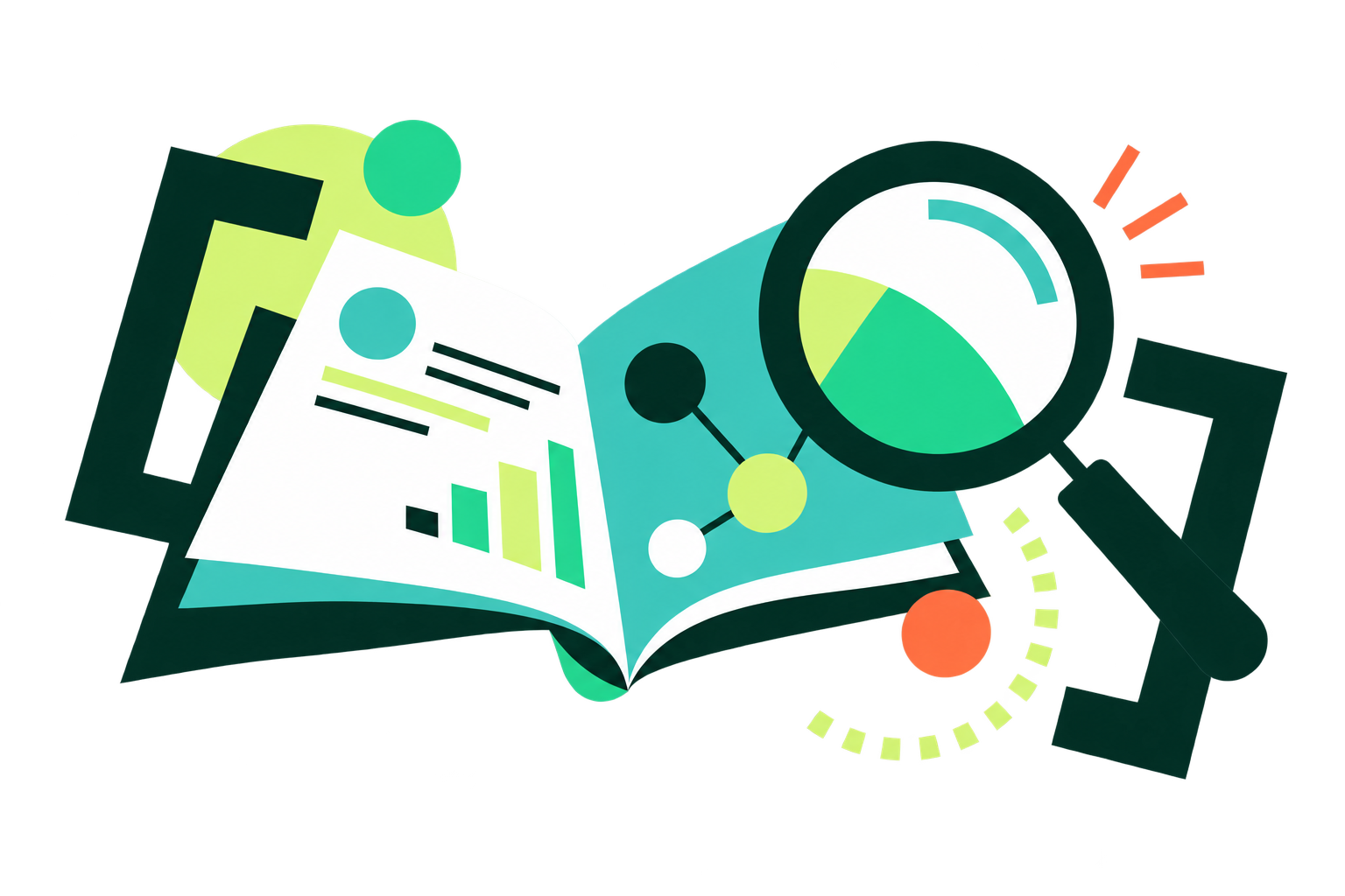 A graphic composition of a notebook, lens and evidence markers
